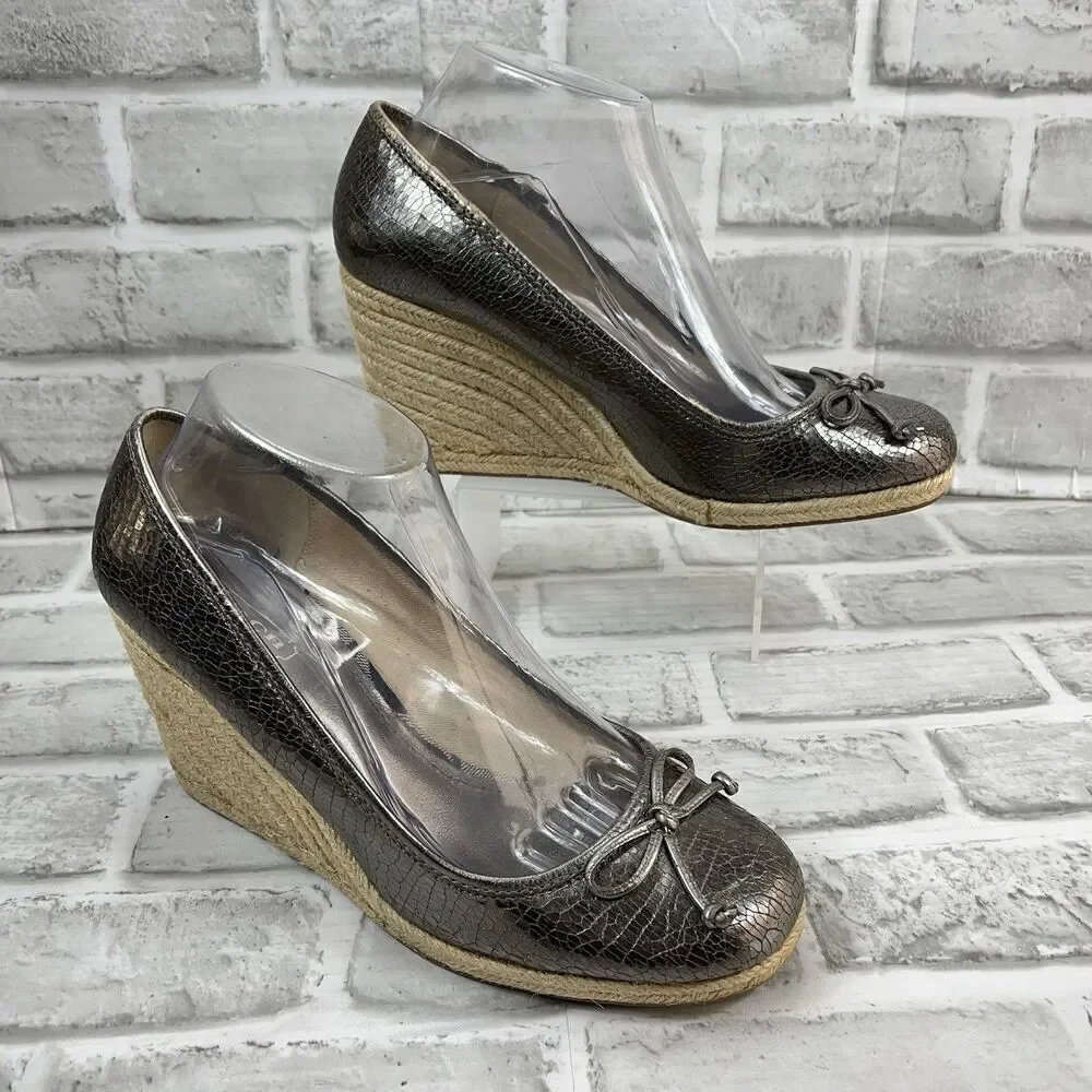 Coach Crackle Silver Women's Size 9.5/10 Metal Leather Wedge Espadrille Bow Shoe